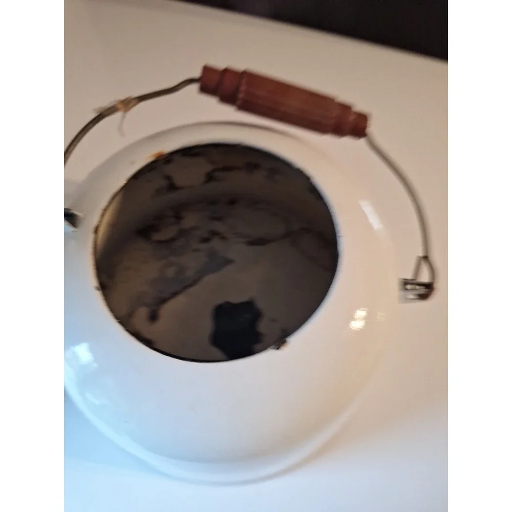 Vintage Antique 1960's Enamel Tea Pot White Red & Brown Trim Very Good Condition